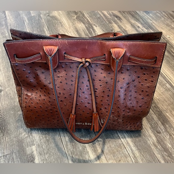 Dooney & Bourke Ariel Ostrich Leather Tote with Tassels in Cognac Magnetic Top - Picture 2 of 16